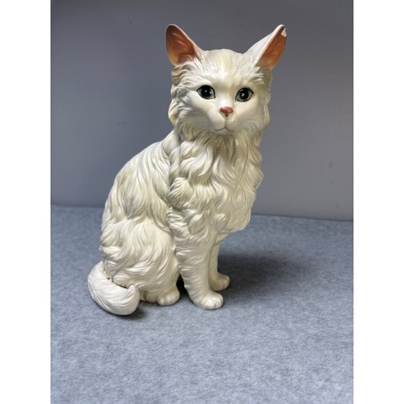 Vintage White Ceramic Cat Figurine with Blue Eyes & Detailed Fur Design 9" Tall - Picture 1 of 9